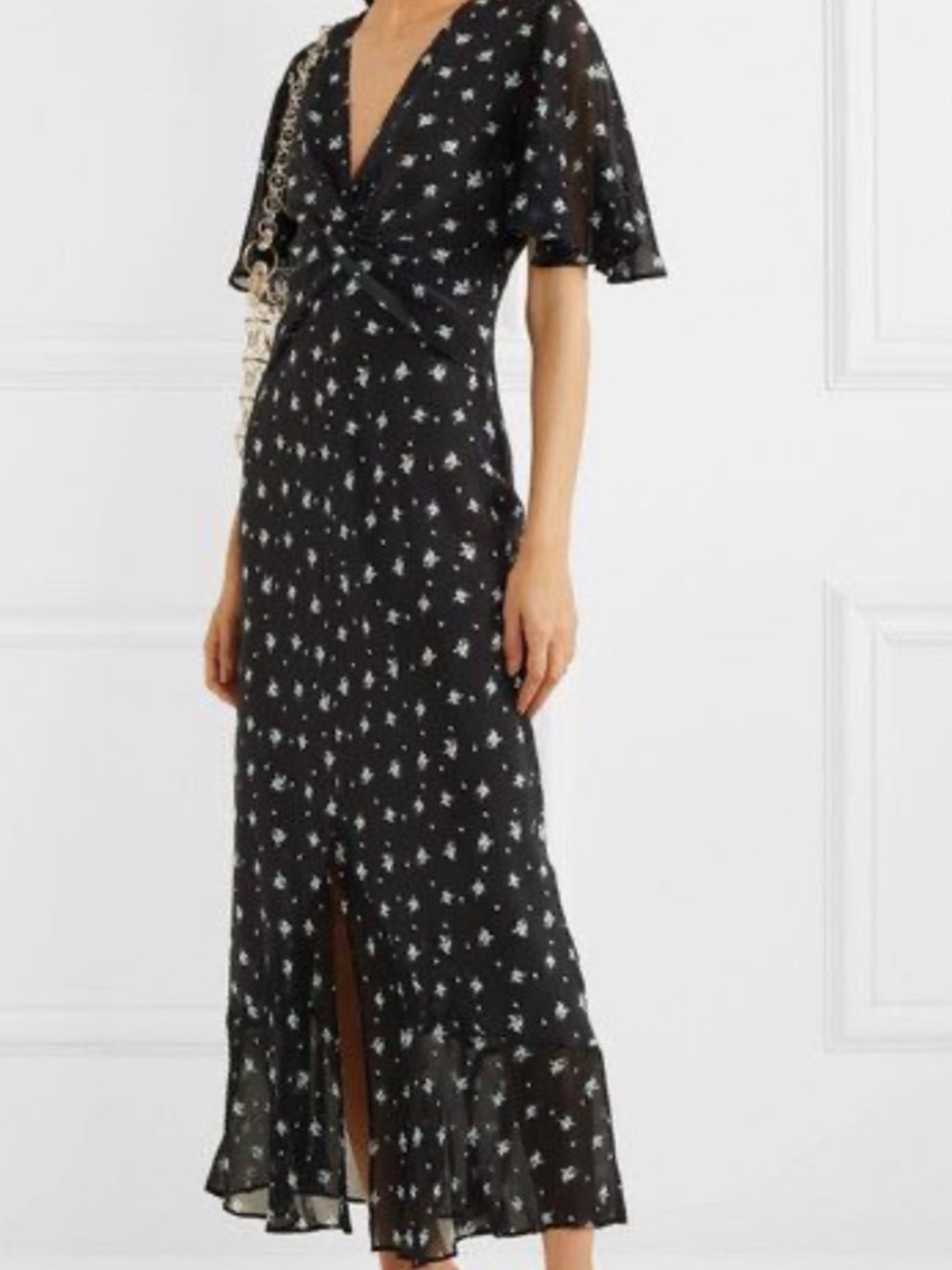 Rixo Zhandra Black Floral V-Neck silk Midi Dress size small